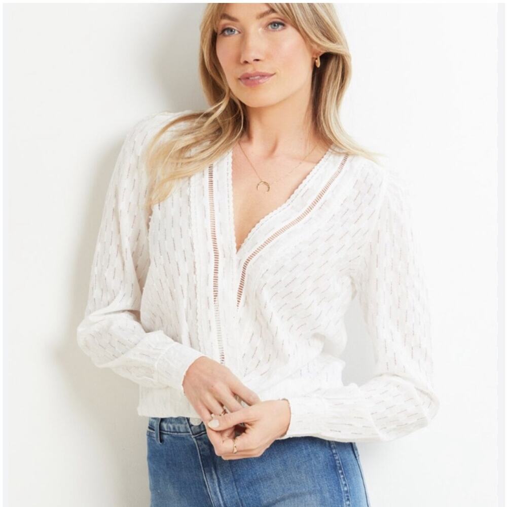 Roan + Ryan Pointelle Peasant Wrap Medium‎ White Long Sleeve Blouse Top Chic